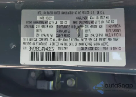 2022 Mazda Cx-30 Carbon Edition z USA, uszkodzony, nr VIN 3MVDMBCL4NM433721